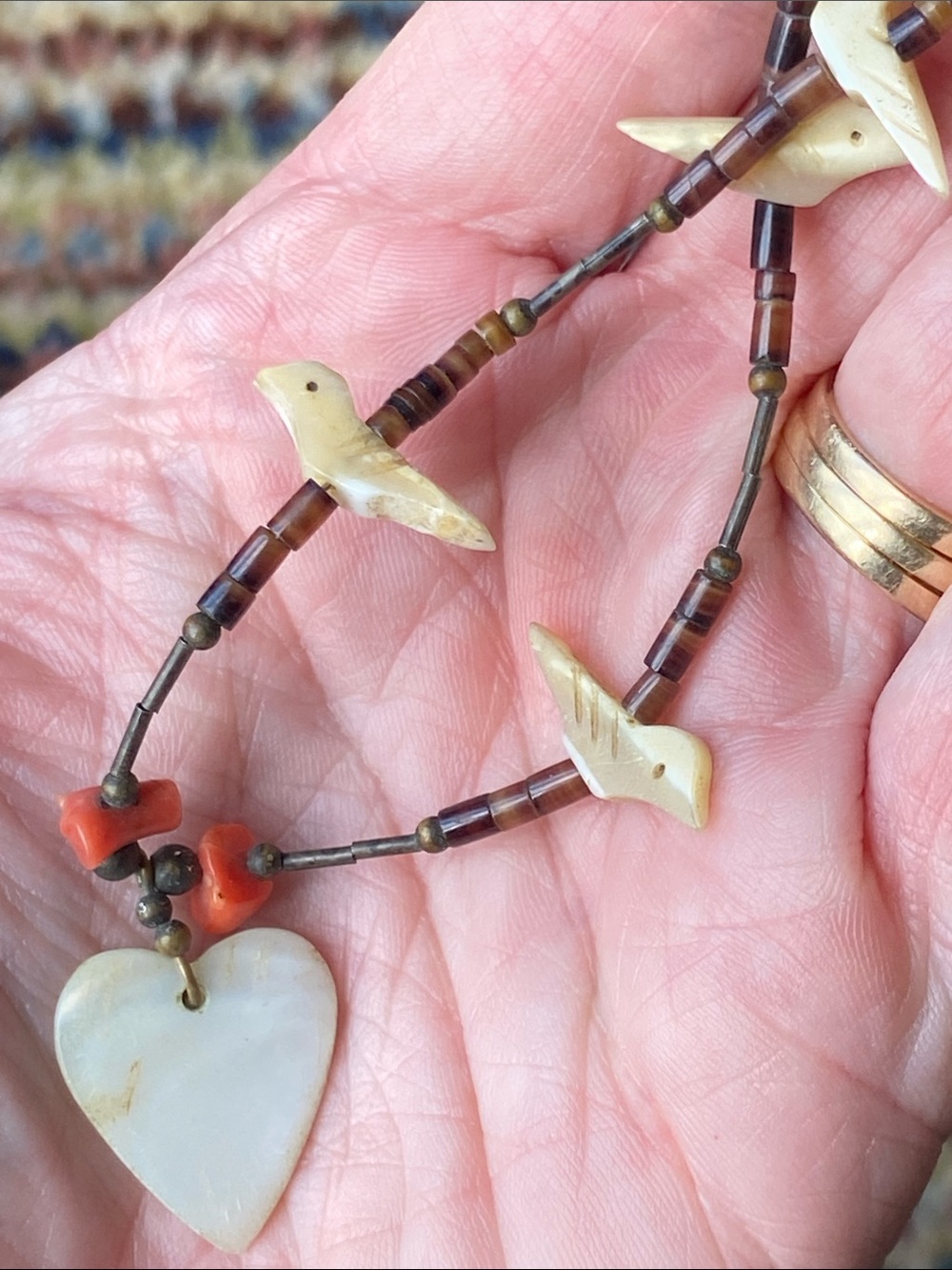 Vintage Handcrafted Mother-of-Pearl Bird & Heart Necklace - Picture 2 of 6